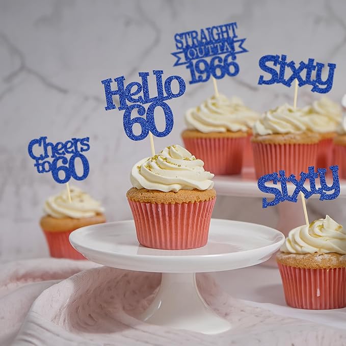 Ephlyn 24Pcs Happy 60th Birthday Cupcake Toppers Glitter Straight Outta 1966 Cupcake Picks Hello 60 Cheers to 60 Years Birthday Cake Decorations for 60th Birthday Anniversary Party Supplies Blue