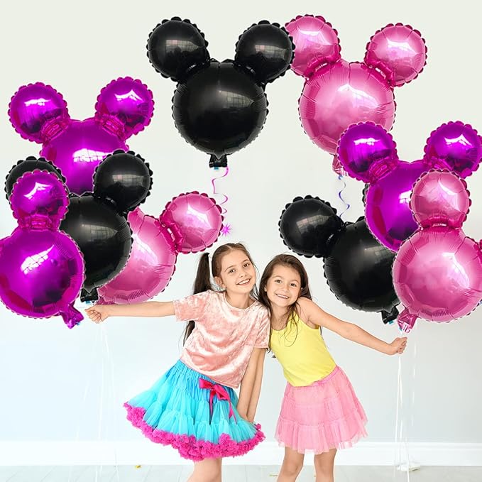 9Pcs Pink Mouse Party Foil Balloons, 27” Black, Rose Red, Pink Balloons, Cartoon Mouse Party, Baby Party, Girl Party, Kids Birthday Theme Party Decoration Supplies