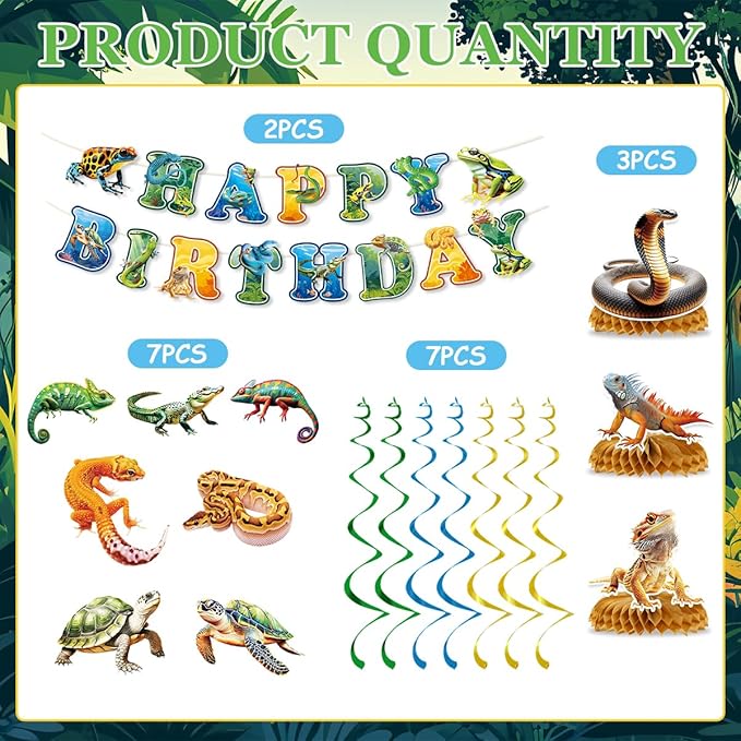 Reptile Birthday Party Decorations Include Reptile Jungle Swamp Happy Birthday Banners Hanging Swirls Honeycomb Centerpieces Safari Animals Lizard Snake Alligator Turtle Party Supplies