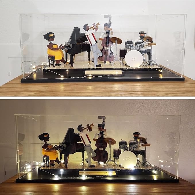Thickened Clear Acrylic Display Case for Lego 60444 60445 42154 60408 21334 76966 Collectibles, Transparent Box Dustproof Protection with Wood-Plastic Base & Light, Black Inside 19.7x7.9x7.9 inch