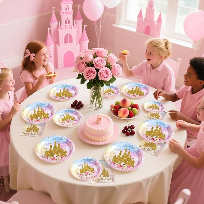 Grencian 96Pcs Princess Birthday Party Supplies Princess Birthday Plates and Napkins Tableware Sets Watercolor Pastel Rainbow Castle Decorations for Girls Baby Shower Fairytale Party Favors Serves 24