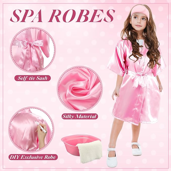 24 Pcs Kids Spa Party Supplies Includes 6 Spa Party Robes 6 Basins 6 Makeup Headband 6 Towels for Sleepover Bath (Pink)