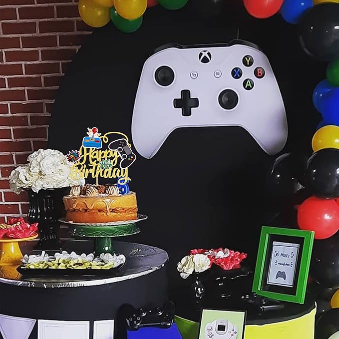 1 PCS Video Game Cake Topper Glitter GamePad Game On Controllers Happy Birthday Cake Pick for Game Theme Baby Shower Kids Boys Girls Birthday Party Cake Decorations Supplies Gold