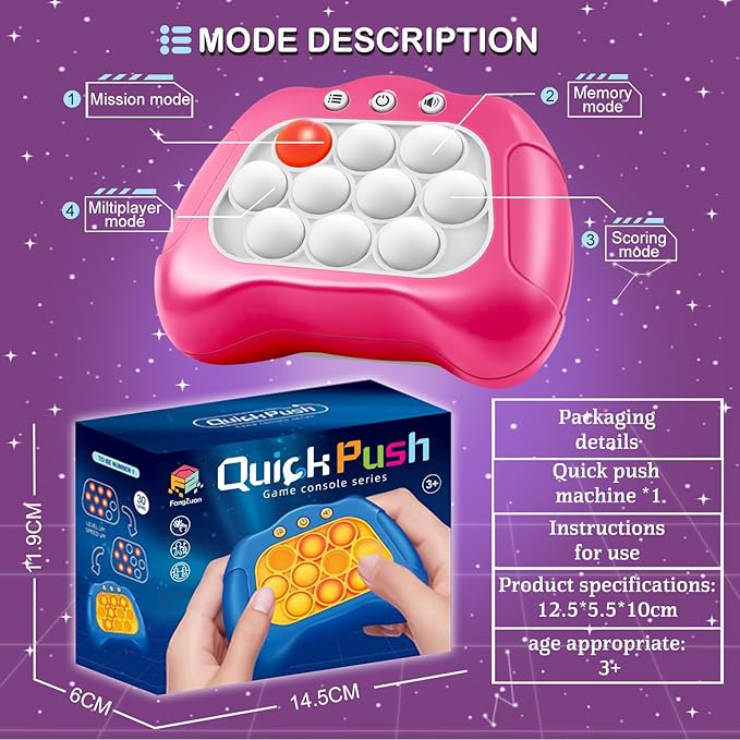 Quick Push Game，Pop Game Fidget Toys, Fast Push Bubble Game, Handheld Puzzle Game Sensory Toys ，Light Up Push Pop Game for Kids 3-12 Girls and Boys Teens Adults Decompression (Pink)