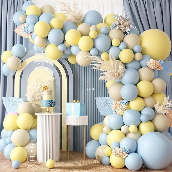 Pastel Blue Yellow Balloon Garland Arch, White Sand Pastel Yellow Balloons Pastel Baby Blue Latex Party Balloon for Baby Shower Theme Birthday Gender Reveal Bridal Wedding Party Decoration