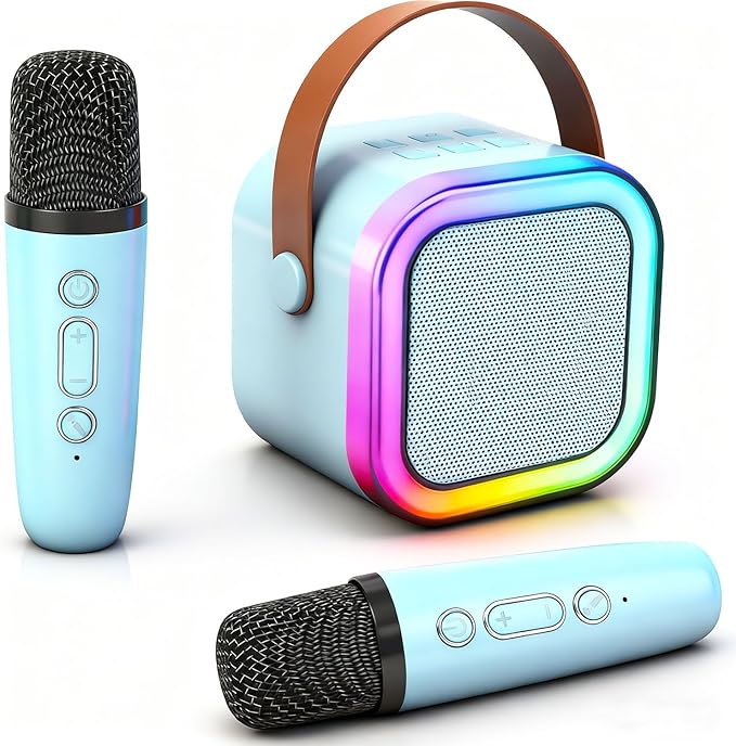 Mini Karaoke Machine for Kids Adults, Portable Bluetooth Karaoke Speaker with 2 Wireless Microphone and Lights Toys for 4, 5, 6, 7, 8, 9,10 Year Old Boys and Girls for Birthday (Blue)