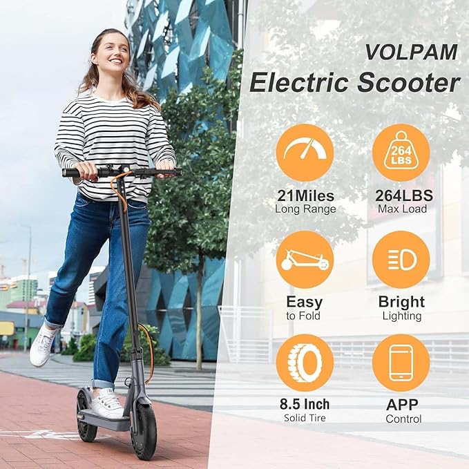 VOLPAM Electric Scooter, 350W/500W Powerful Motor, 8.5"/10" Solid Tires, 19/21Mph, 28/23/21/16 Miles Max Range, Dual Braking