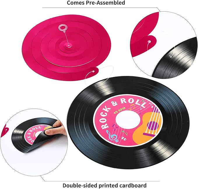 Sumind 30 Pcs 1950's Rock and Roll Music Party Sock Hop Decorations Vinyl Record Note Cutout Wall Decor Sign with Hanging Swirls Ceiling Decor for 50's Theme Rock Music Video DJ Party Supplies 7 Inch