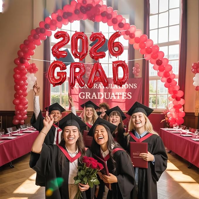 2026 Congratulations Grad Balloons, 16 Inch Red 2026 GRAD Foil Balloons Banner Sign Sign for for Graduation Decorations 2026, College High School Class of 2026 Graduate Congrats Party Decor Supplies