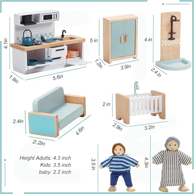 Giant bean 36pcs Wooden Dollhouse Furniture Set 5 Rooms 4 Family Dolls, Wood and Plastic Blue Dollhouse Accessories, Pretend Play Furniture Toys Christmas Birthday Gift for Boys Girls Kids Toddlers 3+