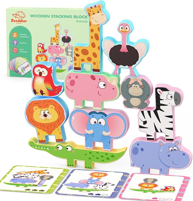 Montessori Toys for Toddlers, 10 Pack Wooden Animal Stacking Blocks, Sorting & Stacking Preschool Learning Activities, Gift for Boys, Girls