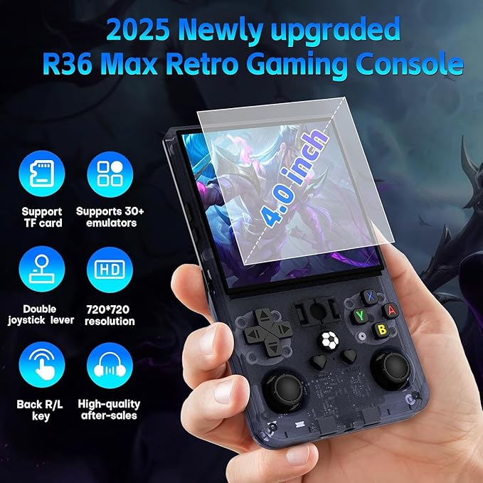 R36Max Retro Handheld Game Console, Video Game Console with 64G TF Card, 4000mAh Rechargeable, Linux System, 4.0 Inch IPS Screen Portable Pocket Arcade, Gray