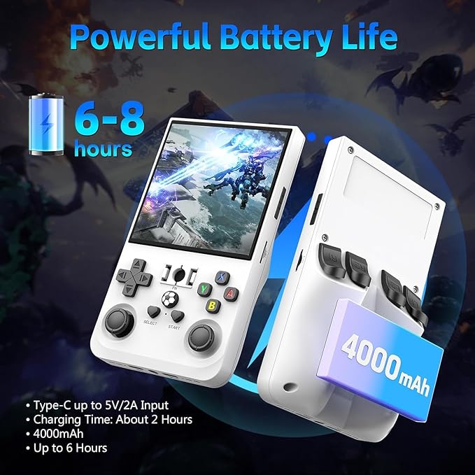 R36MAX Retro Game Console, 4.0 inch Retro Gaming Console with 128GB Memory, Video Game Consoles with 4000mAh Battery White