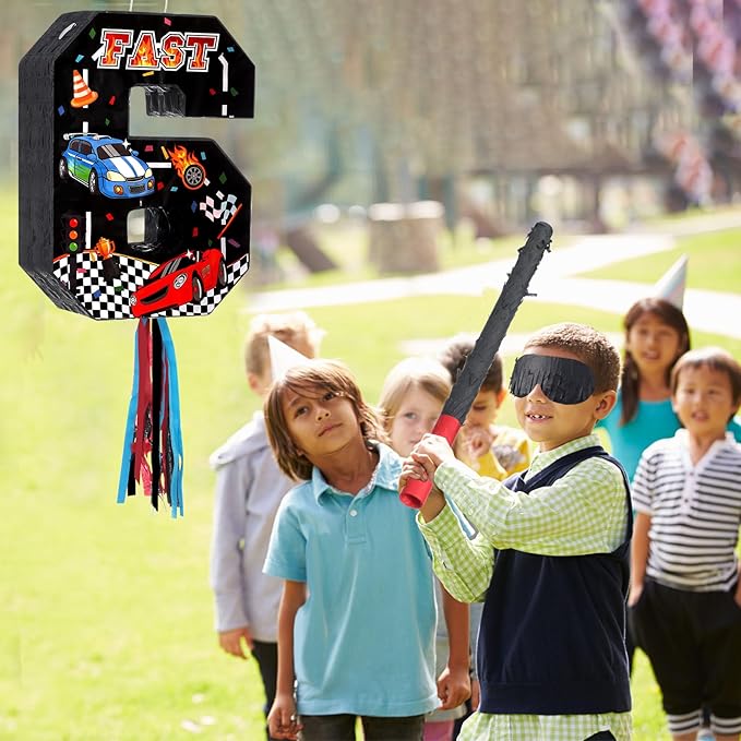 Race Car Piñata Pull String Cars Piñatas for Birthday Party Decorations Number 2 3 4 5 6 with Blindfold Stick Small Red Black Racing Theme 2nd 3rd 4th 5th 6th Party Supplies