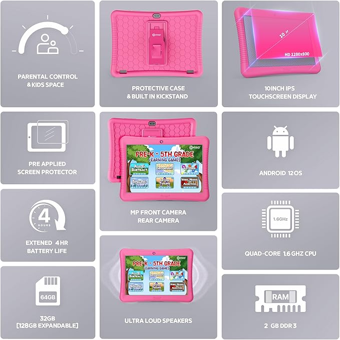 Contixo 10" Android Kids Tablet Bundle - 32GB, Epic! & Lingokids Educational Apps, Parental Controls, Kid-Proof Case w/Kickstand & Stylus, Headphones & Sleeve Bag - Pink