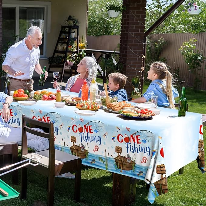 GREHUMOR 3Pcs Gone Fishing Tablecloth for Fishing Party Supplies Decoration Little Fisherman Themed Table Cover Plastic Disposable Rectangular Birthday Summer Party Decorations