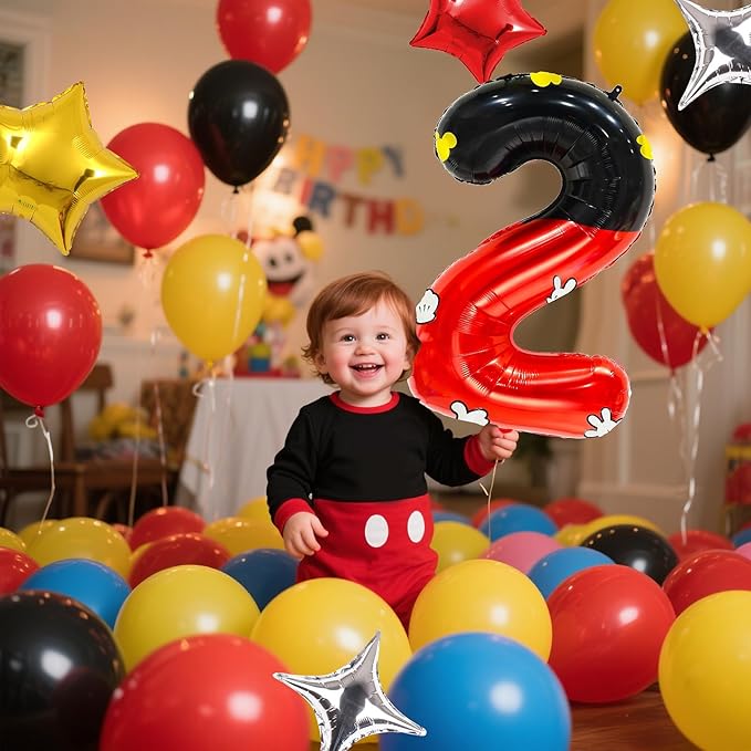 YIIHMEI Oh Twodles Mouse Balloons Birthday Decorations Toodles Party Supplies Boy Red And Black Foil Balloon Banner 40inch Number 2