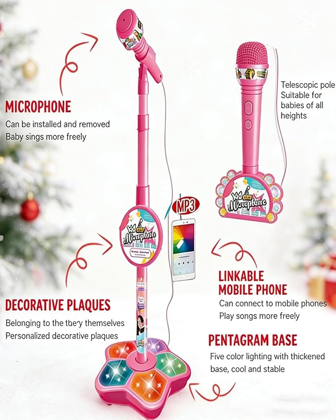 2026 New Kid Star Microphone, Kid Star Microphone with Stand, 5-in-1 Kids Stars Microphones with Adjustable Stand, Speakers and Lights, Compatible with Mobile Phones, for Festival (Pink)