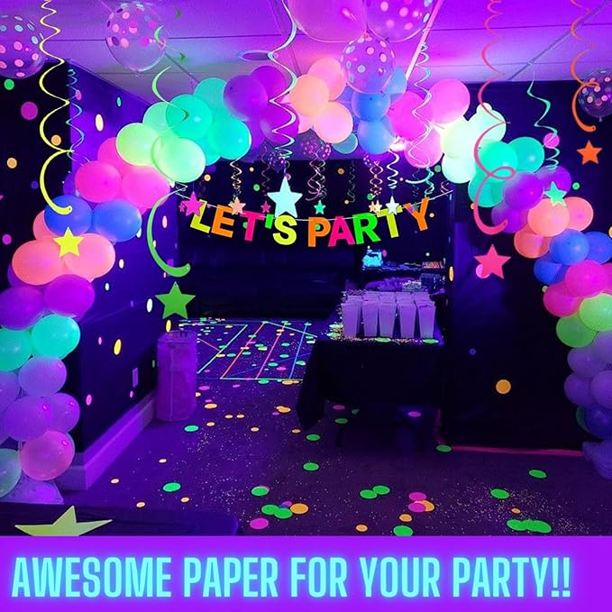 Neon Party Supplies Includes Let's Party Banner, Round Dot Paper Garland, Neon Swirl Streamers,Glow in The Dark Party Supplies Decorations UV Blacklight Reactive Favor for Halloween Wedding Birthday