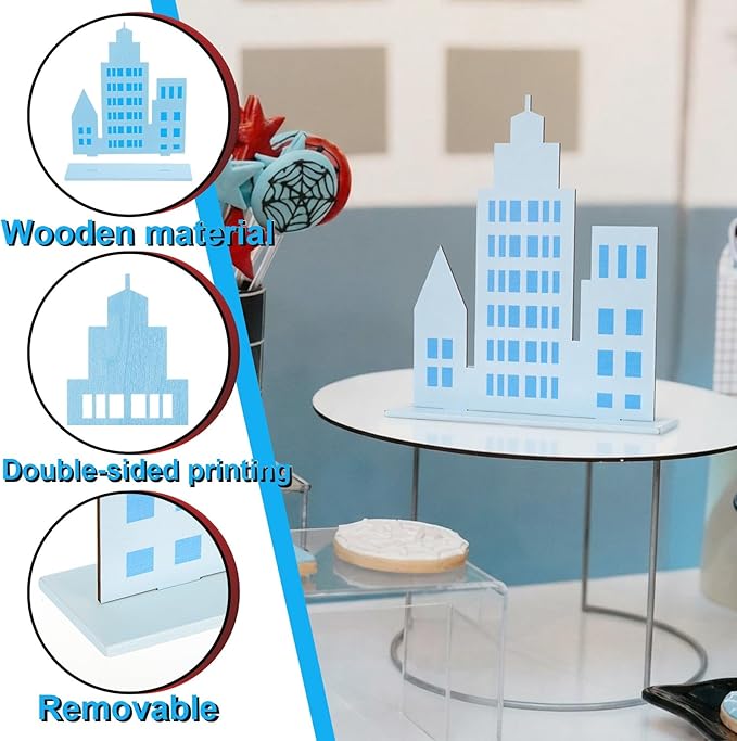 Geelin 6 Pcs Skyscraper Party Decorations Hero Party Decorations New York City Wood NYC Centerpieces City Skyline Building Decor for Comic Birthday Favors Supplies(Solid Style,Blue)