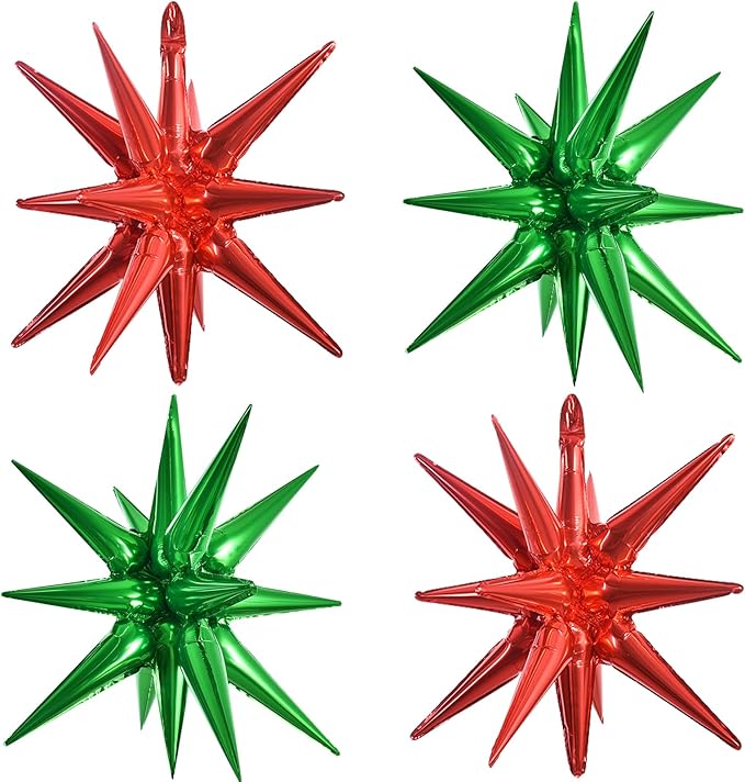 TONIFUL 4 Pcs 22inch 4D Red Green Explosion Star Mylar Balloons 14Point Star Balloons for Party Decorations Backdrop Christmas,New Year Birthday, Wedding Baby Shower Anniversary Photo Booth Supplies