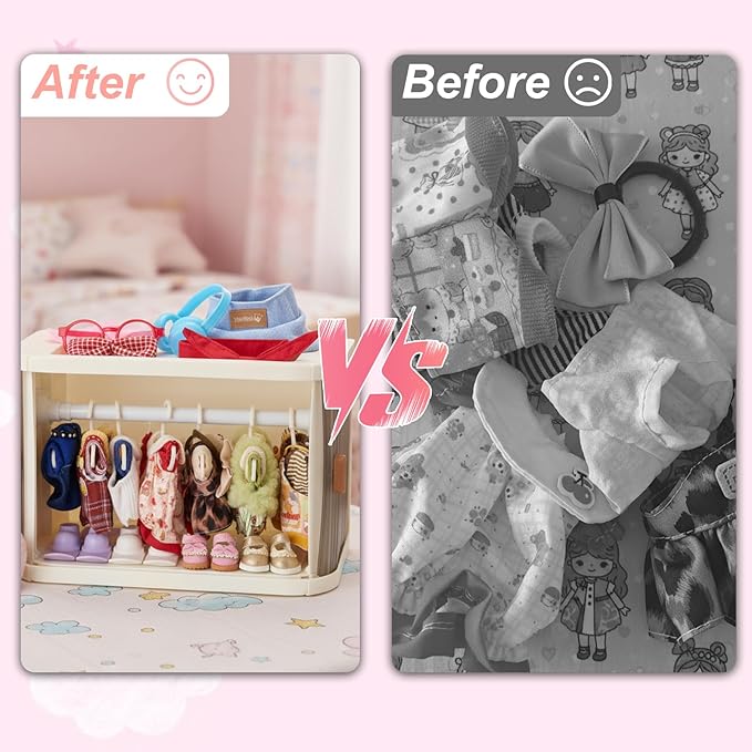 Foldable Doll Wardrobe Closet Compatible with Labubu Clothes – Stackable Storage Box with 10 Hangers, Rod & Display Shelf for 15/17cm Doll Outfits (Translucent)