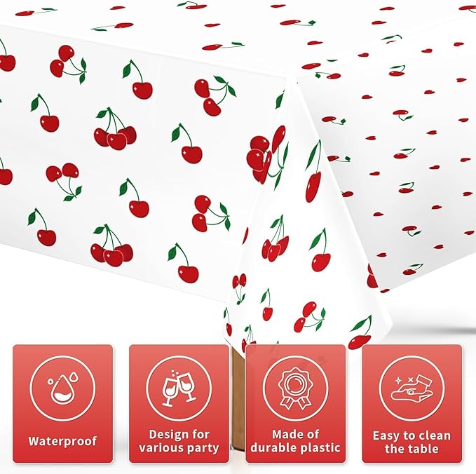 Grencian 3Pcs Cherry Tablecloth Cherry Table Cover Plastic Rectangle Fruit Theme Table Cloth for Cherries Birthday Wedding Bridal Baby Shower Party Decorations, 54 X 108 Inch