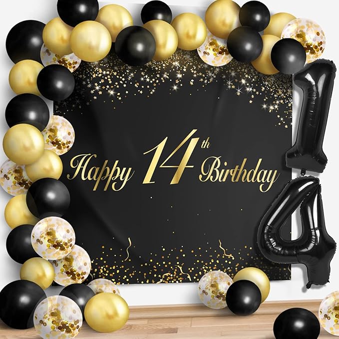 Happy 14th Birthday Balloons Black Set Decor - Cheers to 14 Years Old Party Theme Garland Banner Backdrop Decorations For Boy and Girl Supplies
