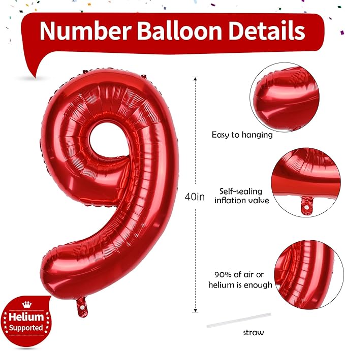 40 Inch Number 9 Balloons for Girls, Red Giant 9th Birthday Party Number Balloons 0-9 Set Decorations for Women Men Anniversary Celebration Graduation Party Decoration Supplies