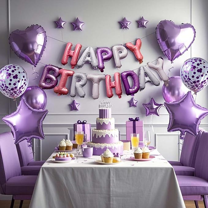 27 Pcs Purple Birthday Decorations, 3D Letters Purple Happy Birthday Balloon Banner, Pentagram Heart Foil Balloons Confetti Balloons Kit For Boys Girls Party Supplies
