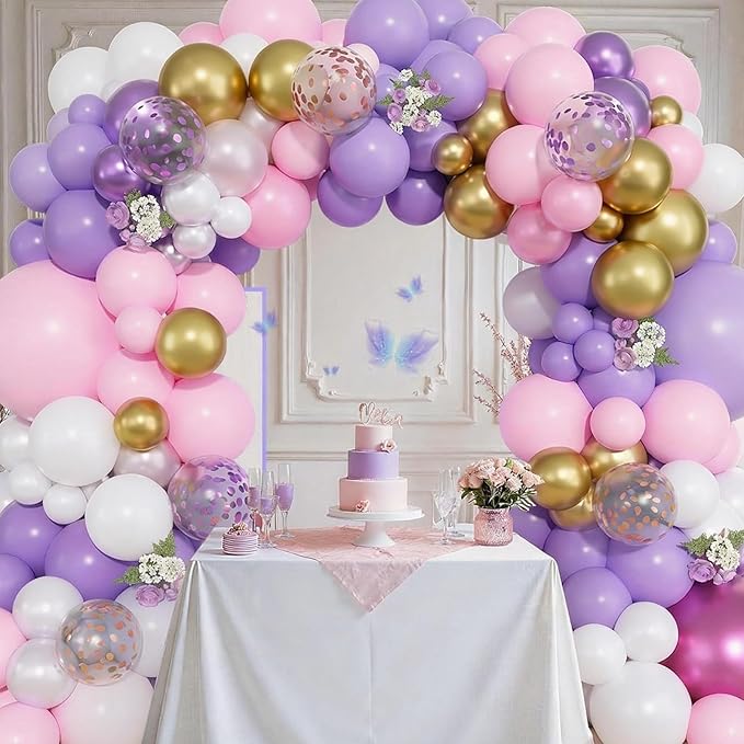 FunHot Pink Purple Balloons, 50 Pcs Metallic Gold Pink Balloon, 12 Inch Pastel Purple Colorful Confetti Latex Balloons for Girls Baby Shower Wedding Women Birthday Anniversary Butterfly Party Decor