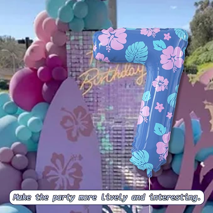40 Inch Number 7 Balloon Leaf and Flower Birthday，7th Birthday Decorations for Kids' Parties Hawaii Party Supplies Favor Pink and Blue