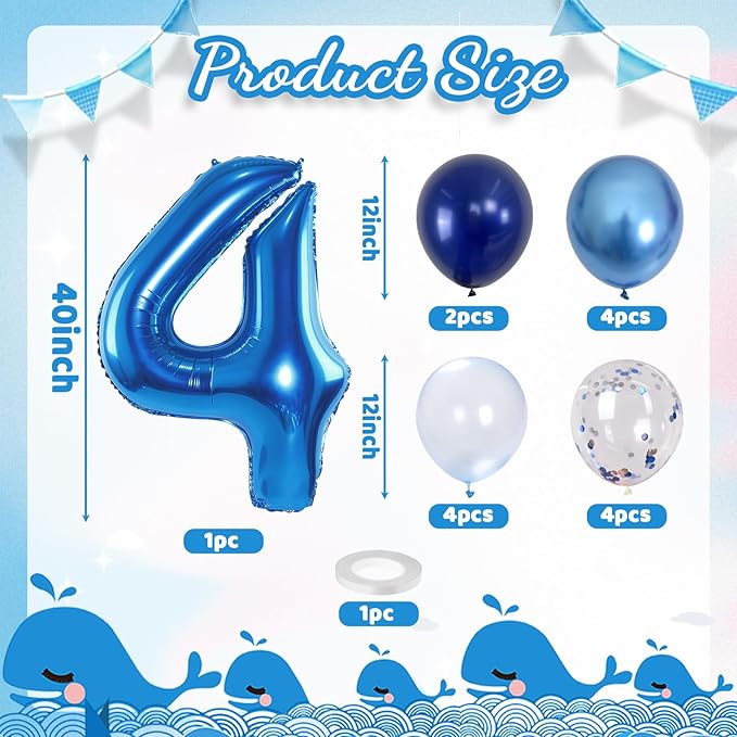 Number 4 Balloon Pastel Blue for kids, XXL 4th Birthday Decor Foil Balloon Dark Navy Blue with Silver Confetti Helium Balloon, 40 Inch Balloon 4 for Boys Four Birthday Party Anniversary Decorations