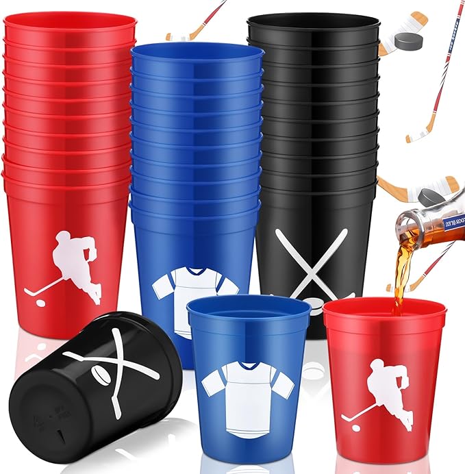 Zhehao 30 Pcs Sport Ball Plastic Cups Hockey Football Basketball Plastic Reusable Drink Cups Bulk 16 oz Stadium Tumbler Stackable Sports Tumbler for Sport Party Supplies(Hockey,Blue, Red, Black)