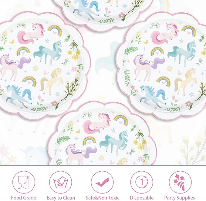 50Pcs Magical Pastel Unicorn Birthday Paper Plates 9 Inch Heavy Duty Pastel Rainbow Disposable Dessert Plates Pink Unicorn Party Decorations for Girls' Birthday Baby Shower Party Supplies