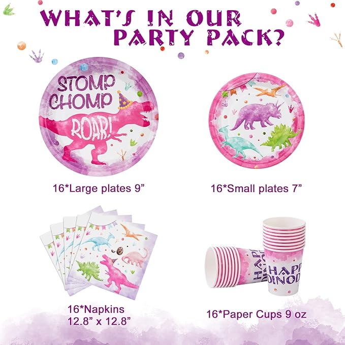 WERNNSAI Pink Dinosaur Birthday Decorations - 64 PCS Dinosaur Plates Napkins Cups Girl Dino Party Decorations Dino Paper Plates for Kids Girls Birthday Baby Shower Serves 16 Guests