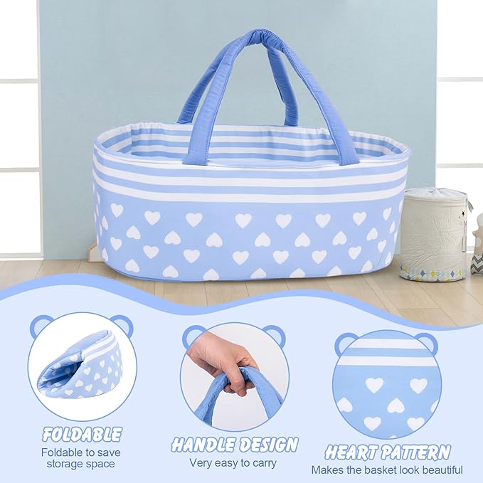 Aori Reborn Baby Dolls Bassinet Baby Doll Carrier Bed Soft Doll Carrier Doll Accessories with Handle for 17-22 inch Baby Dolls Girls (Blue)