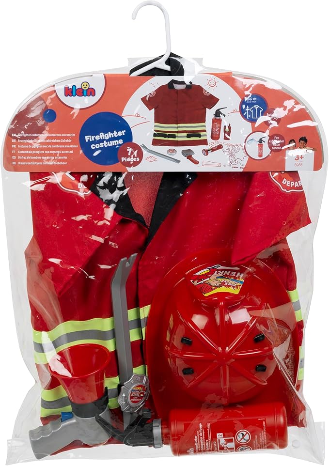 Klein: PRO Firefighter Costume - Red & Yellow - 5pc Set, Dress Up Outfit & Toy Accessories, Megaphone-Crowbar-Badge-Helmet, Pretend Play, Kids Ages 3+