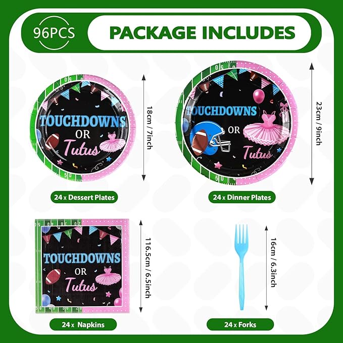 96 Pcs Football Gender Reveal Party Supplies Touchdown or Tutus Gender Reveal Plates and Napkins Tableware Set Ballet or Football Gender Reveal Party Decorations for Boy or Girl Baby Shower Serves 24