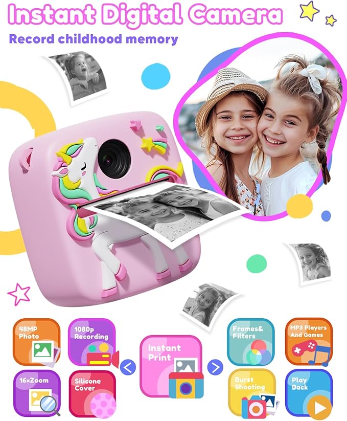 Kids Camera Instant Print, Christmas Birthday Gift for Girls 3-12 Year Old, 1080P Kids Digital Camera Toys with Unicorn Cover, Toddler Camera for 4 5 6 7 8 9 10 Year Old Girls Boys