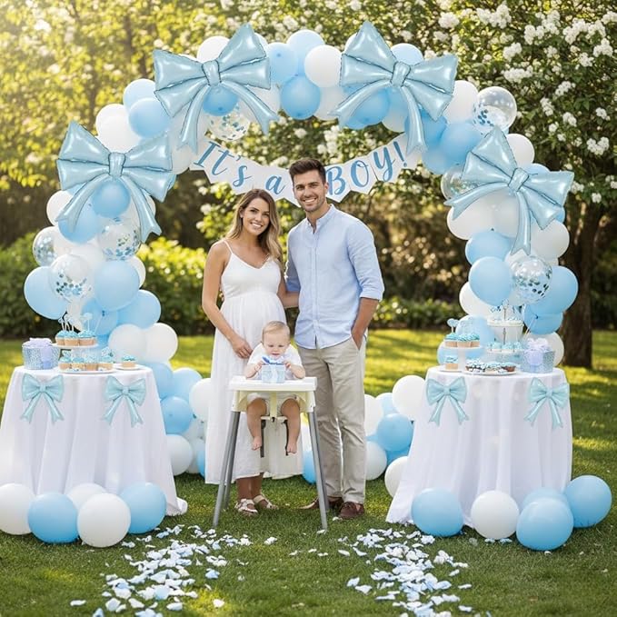 2pcs Dusty Blue Bow Balloons for Bow Party Decorations, Giant Light Baby Blue Mylar Foil Balloon for Coquette Party Decor Bow Themed Sweet 16 Birthday Bridal Baby Shower Bachelorette Wedding Supplies