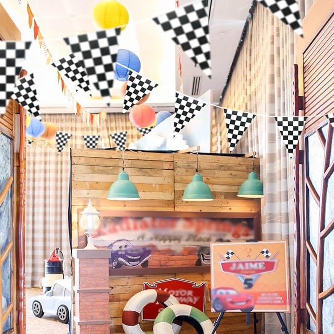 Piokio Double Sided Plastic Checkered Flag Banner, Racing Birthday Decorations, for Nascar Cars Party Supplies