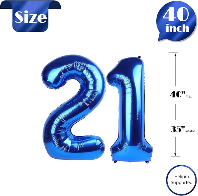 Navy Blue Number 21 Balloon 40 inch, 21 Number Balloons, 21st Navy Blue Birthday Decorations, 21 Year Old Women Men Blue Party Supplies