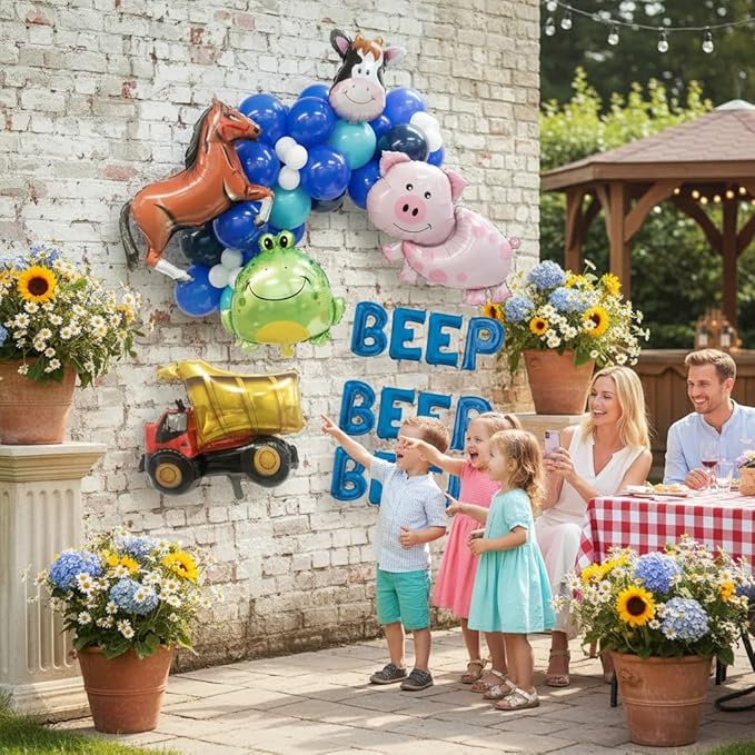 100% LIKED-Beep Beep Beep Balloon Garland, Blue Letters Balloon Banner, Little Truck Birthday Decorations, Pig Toad Cow 1st Birthday Party Decorations