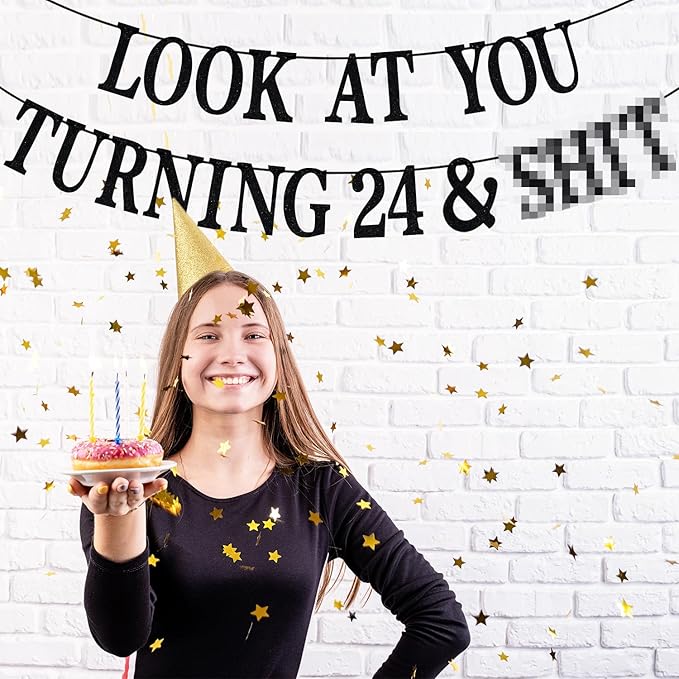 Black Glitter Look at You Turning 24 & Sh*t Banner, Happy 24th Birthday/Level 24 Unlocked/Cheers to 24 Years, Funny 24th Birthday Party Decorations Supplies
