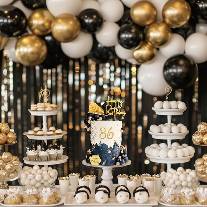44Pcs Balls Cake Topper Man Cake Decorations with Black Gold Balls Palm Leaves Acrylic Numbers 0-9 and Happy Birthday Cake Toppers for Men Boy Black Theme Birthday Baby Shower Wedding Party Supplies