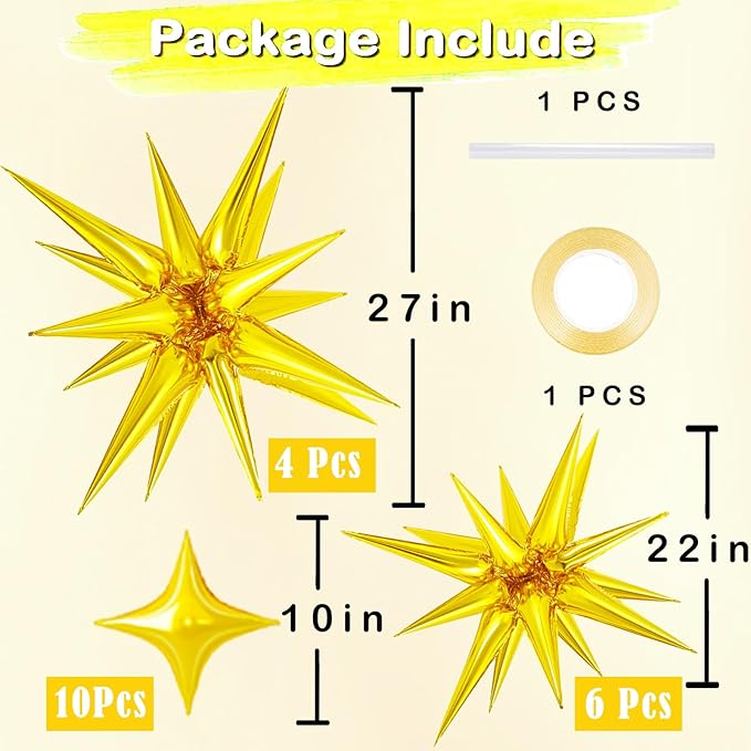 20 Pcs 27"22" Explosion Star Foil Balloons - 12 Point and Four Pointed Gold Spike Balloons for Party Supplies, Christmas, Birthday, Wedding, Photo Booth (Gold)