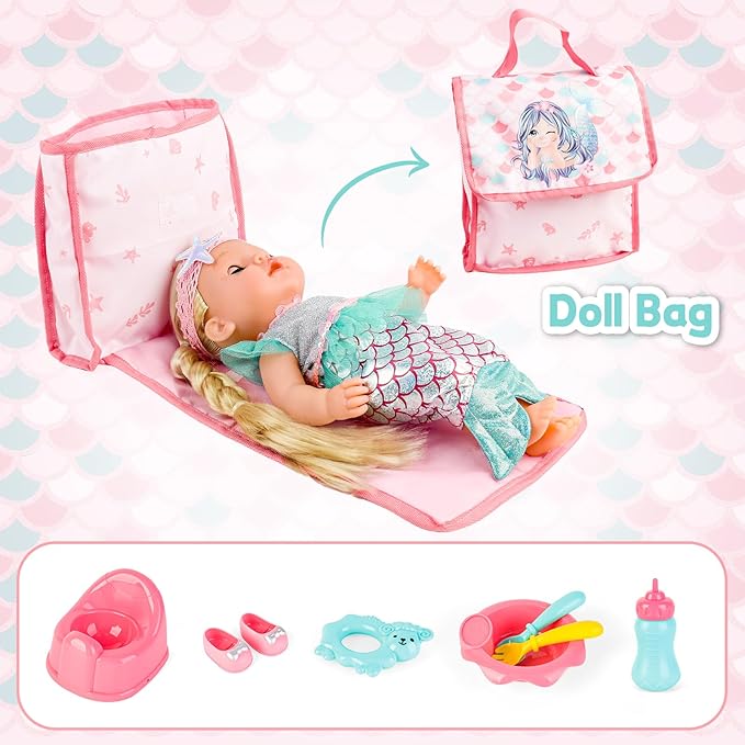 deAO Baby Doll Stroller Crib Bed Nursery Role Play Set Baby Doll Accessories and Play Mat,Travel Cot,Foldable Stroller and Travel Bag Birthday for Girls Boys Kids