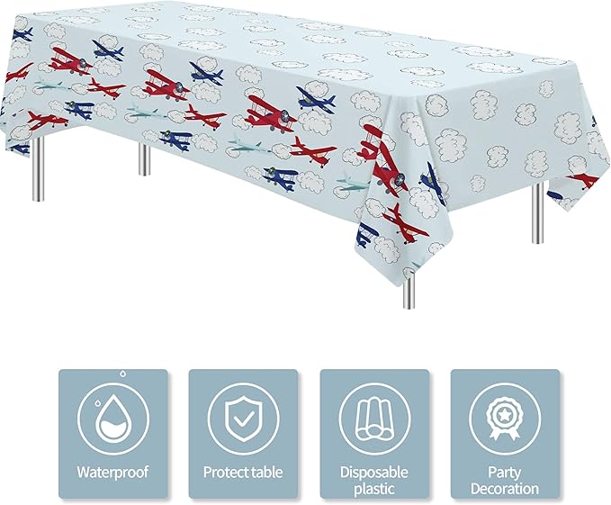 Airplane Party Decorations Tablecloth Boy's Birthday Baby Shower, 3 Pack Disposable Aviation Theme Airplane Birthday Party Supplies Tablecover, 55in x 86in