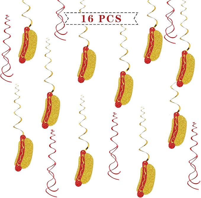 Hotdog Sign Hanging Swirl Decorations - Glitter 16 Pcs Fiesta Birthday Party Supplies - Girls Boys Birthday Party - Engagement - Wedding Streamers - Hot Dog Party Foil Swirls Ceiling Decorations